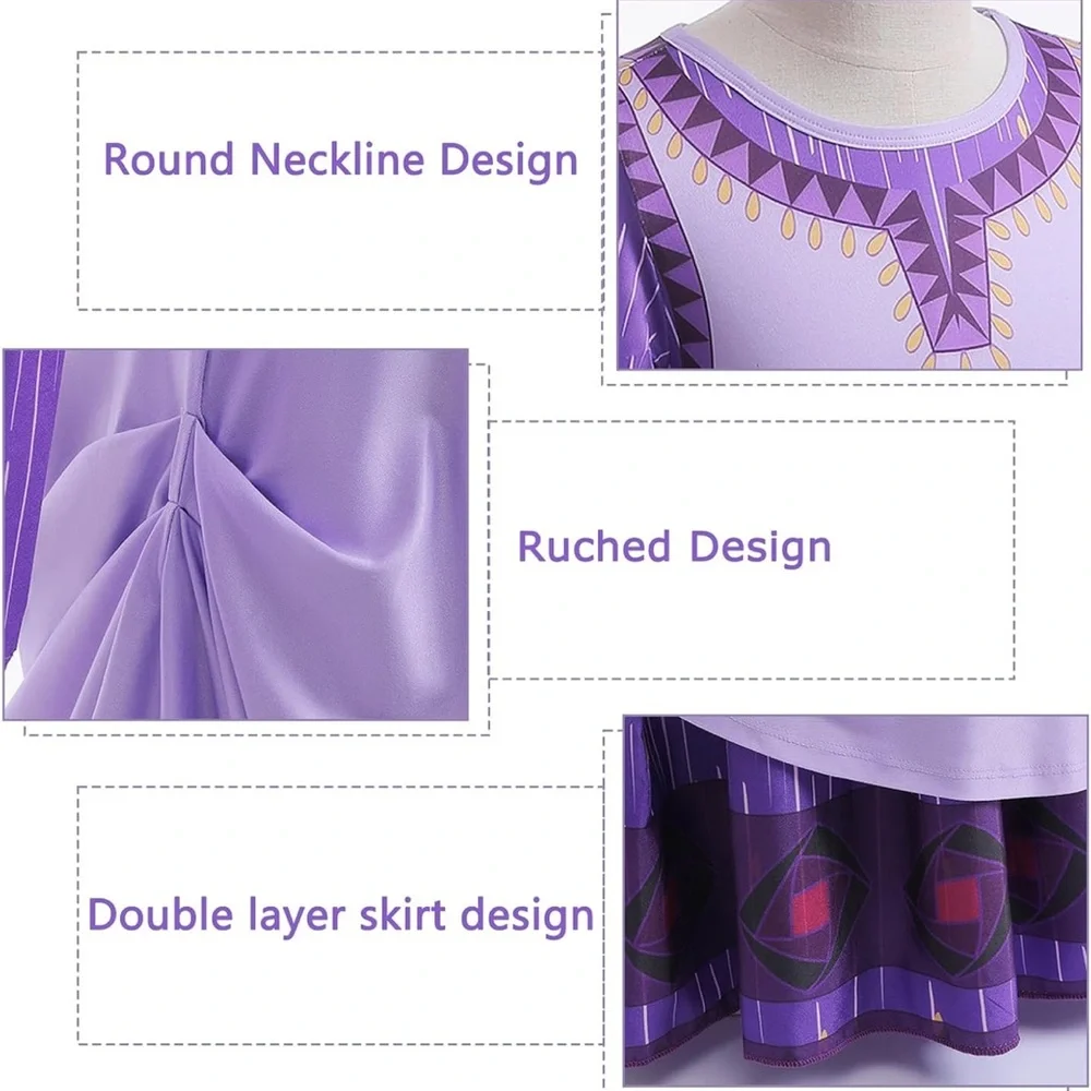 Wish Princess Asha Costume Dress Up Long Sleeve Purple Dress with Belt and Bag